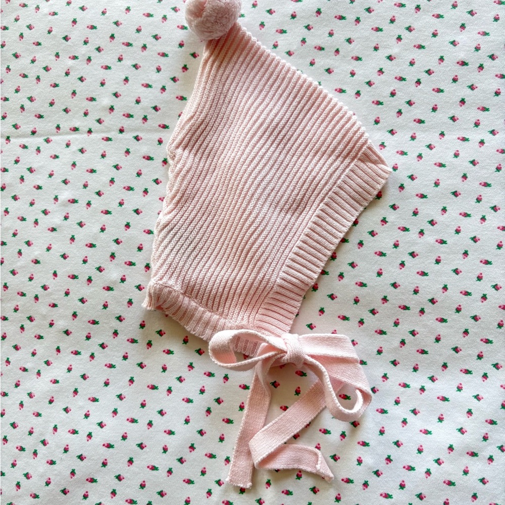 Newborn Pink Knit Baby Bonnet with Pom Pom